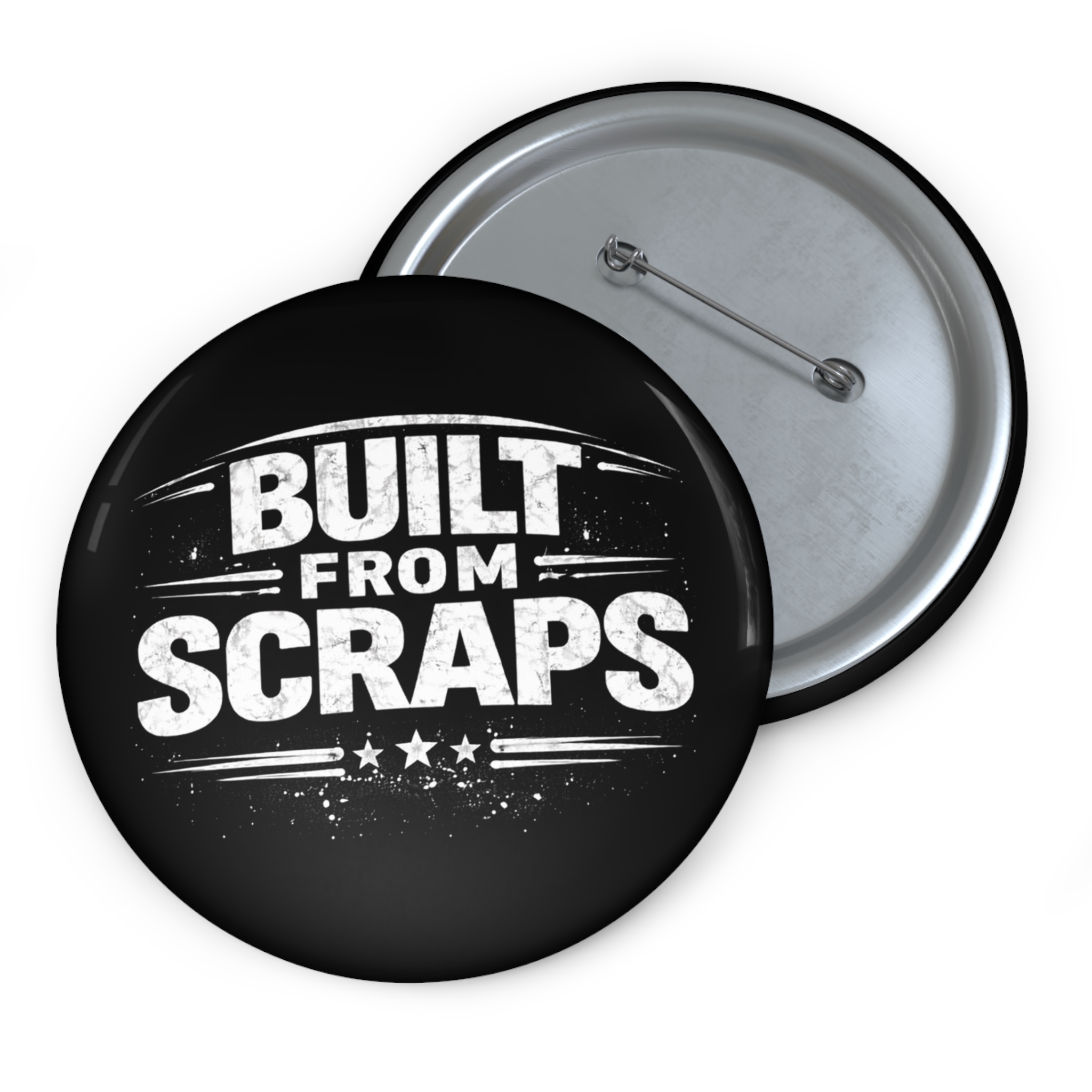 Pin Button — "Built From Scraps" Distressed Badge for Makers & DIY Enthusiasts